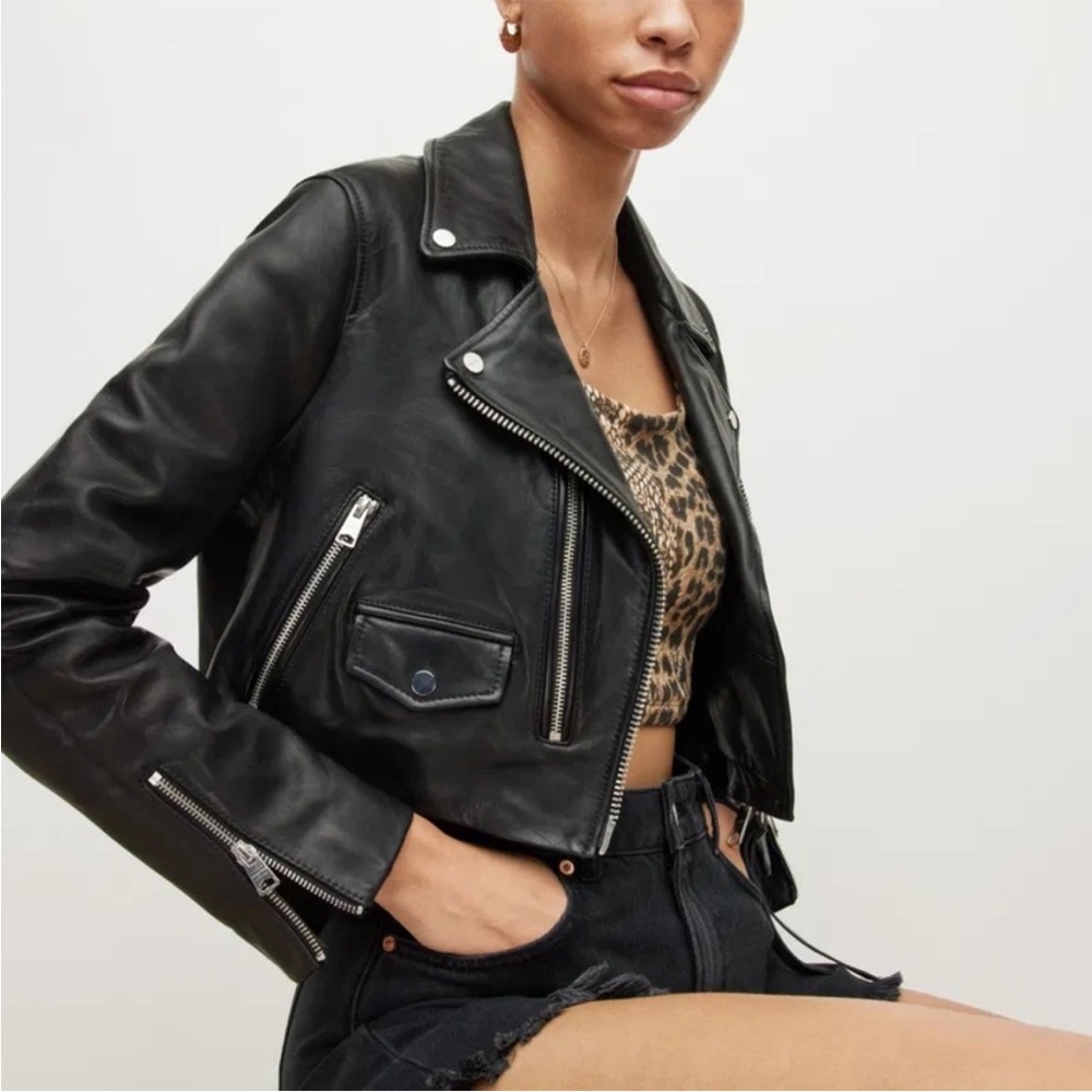 All Saints Dren Leather Cropped Biker Jacket